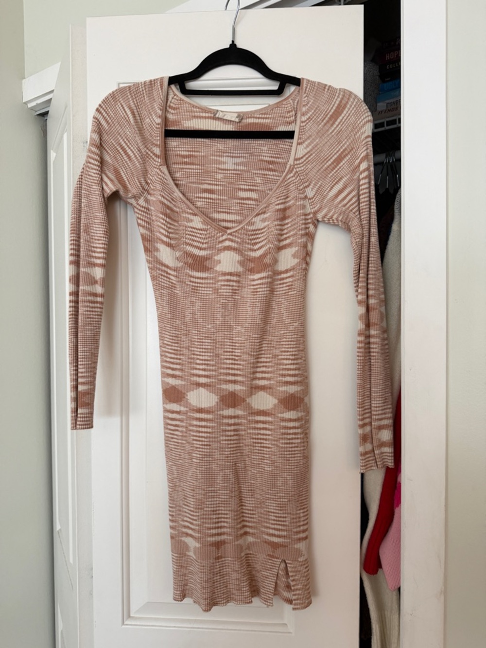 Altar'd State Beige & Cream Ribbed V-Neck Long Sleeve Dress